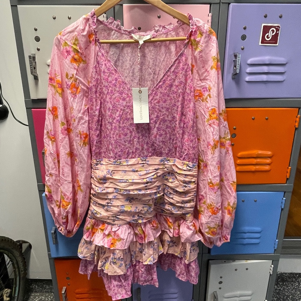 LoveShackFancy Pink Floral Rina Ruched Dress, 8, NWT